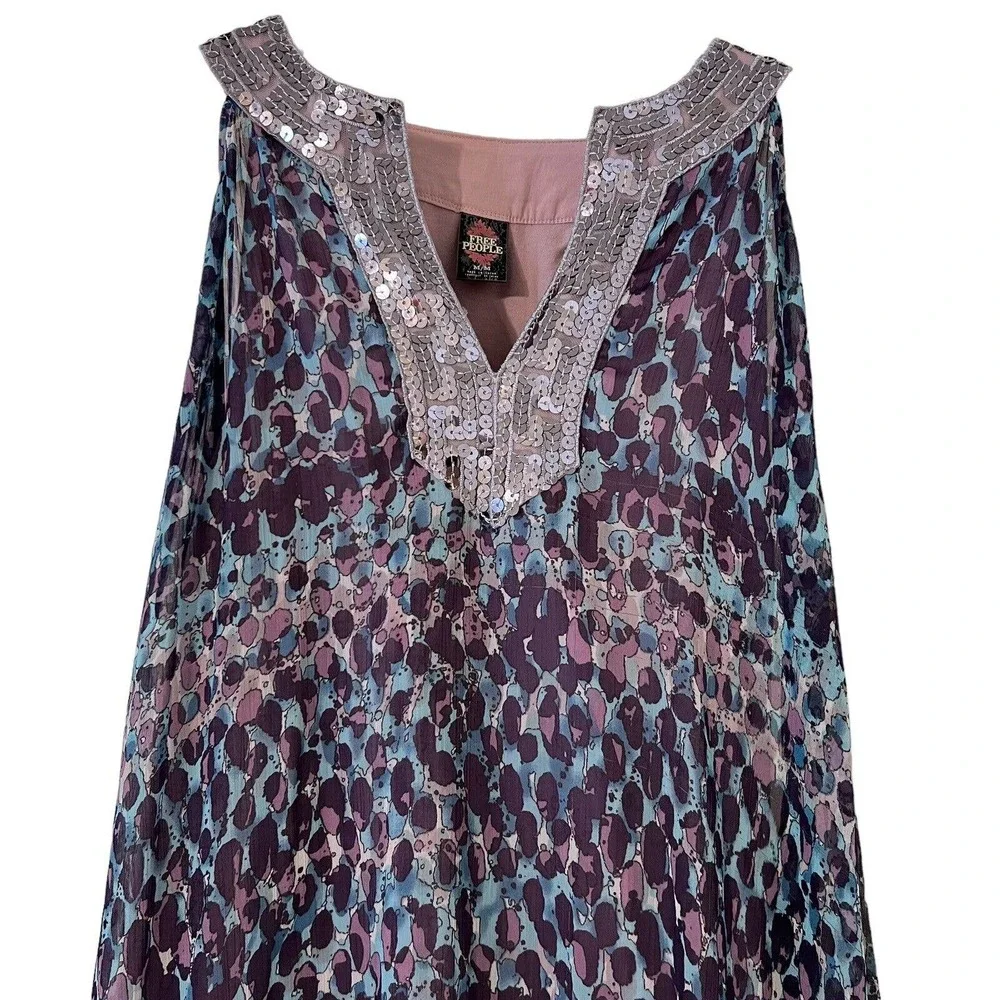 🌵 Free People Purple Blue Silver Sequins Neckline Flowy Dress with Under Dress